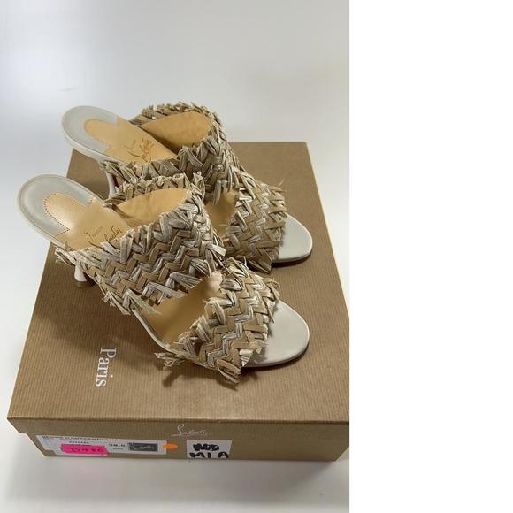 Meroine 85mm raffia Tan Woven fringe heels mules D980 - Picture 2 of 11
